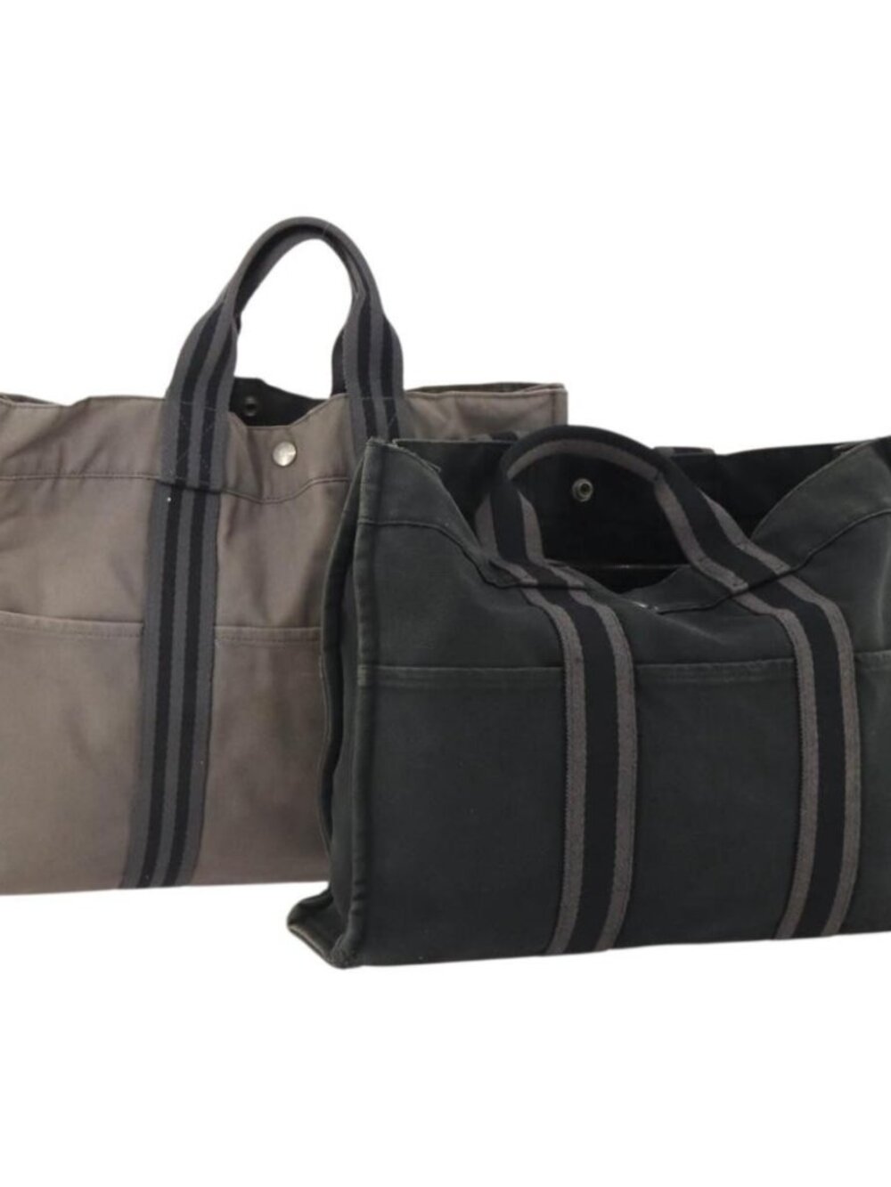 HERMES Fourre Tout MM Hand Bag Canvas 2 Set Gray Black Auth 175013